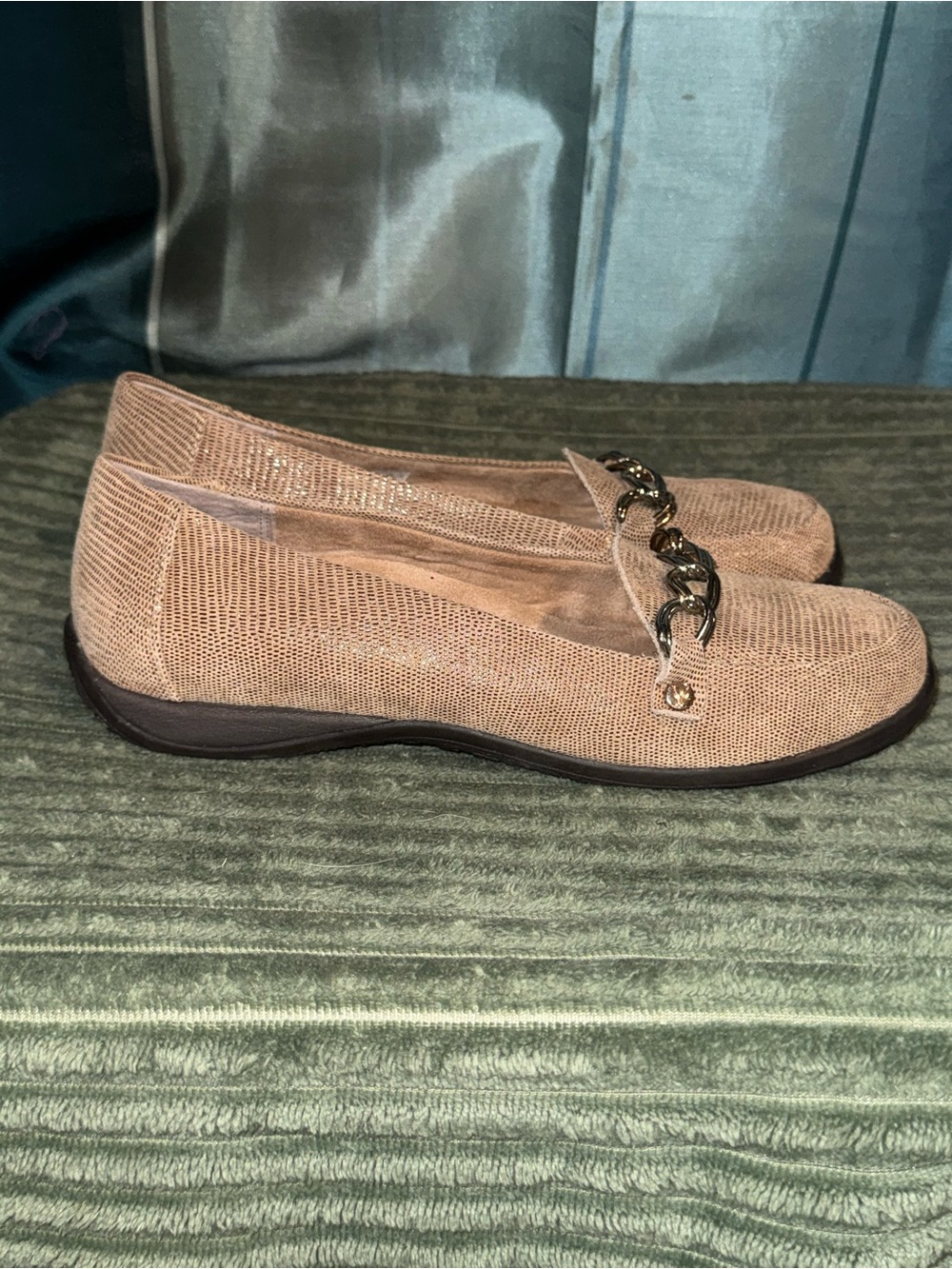 Vionic Women’s Slip-On Loafers in Taupe with Chain Accent